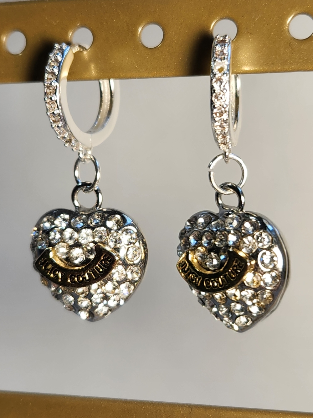 SO RARE Auth Y2K 925 Juicy Couture Rhinestone Heart Huggie Drop Earrings